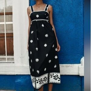 Zara Black Midi Dress with White Floral Embroidery